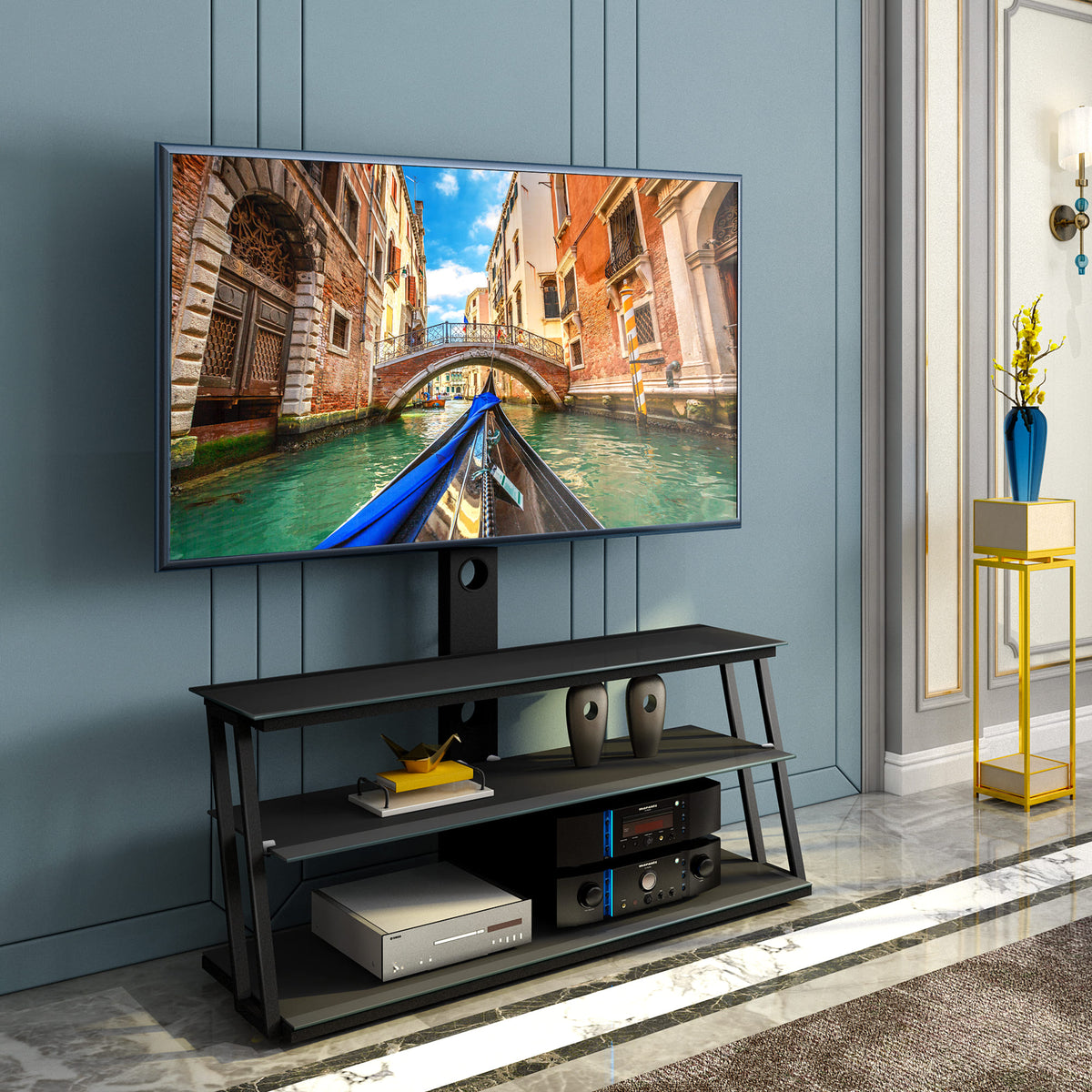 Multi-Functional Angle And Height Adjustable Tempered Glass TV Stand- Black