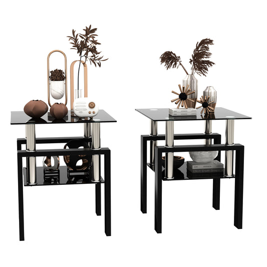 2 pcs Modern Design Coffee Table Tempered Glass End Table Night Stand- Black/Black