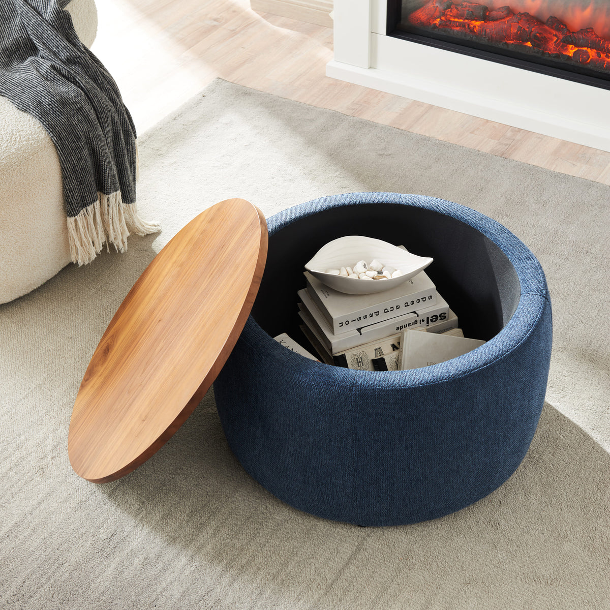 2 in 1 Round Storage Organizer and Foot Stool with Wooden Lid- Navy