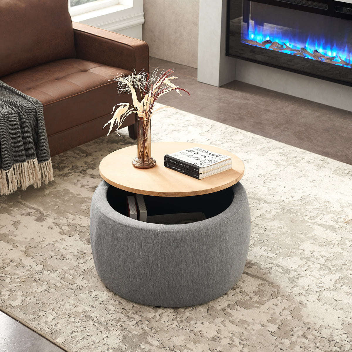 2 in 1 Round Storage Organizer and Foot Stool with Wooden Lid- Dark Grey