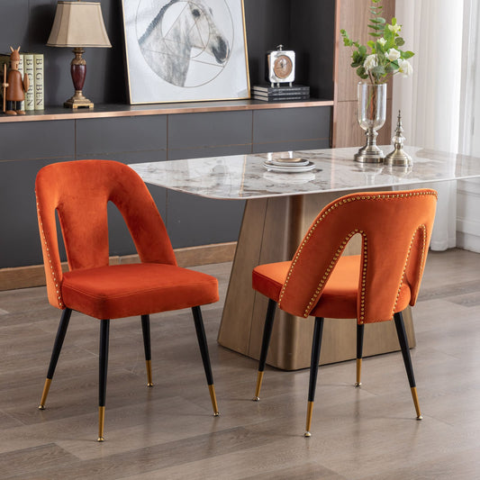 2 pcs Modern Contemporary Velvet Upholstered Dining Chair with Nailheads - Orange
