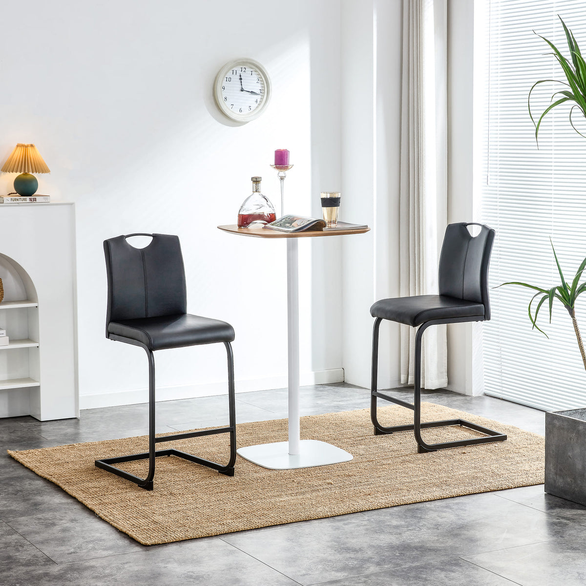Set of 2 PU Faux Leather Upholstered High Bar Stool Chair with Back Rest- Black