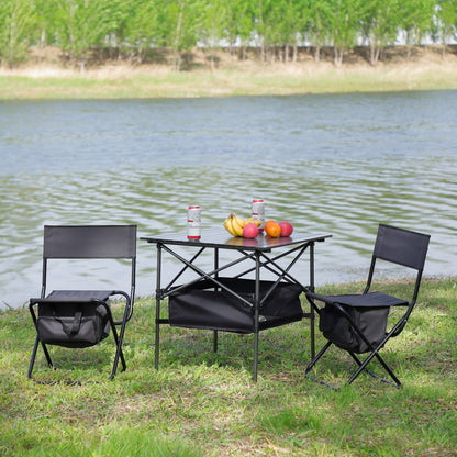 Set of 3 Outdoor Camping Fishing Hiking Dining Chairs and Table - Black+Gray