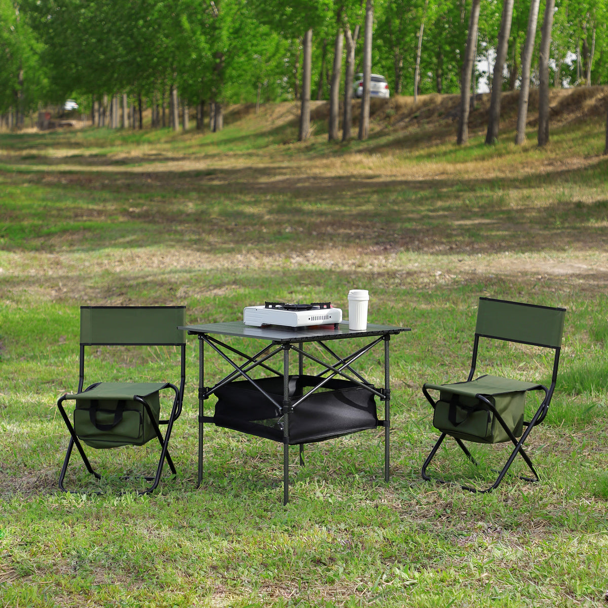 Set of 3 Outdoor Camping Fishing Hiking Dining Chairs and Table - Black+Green