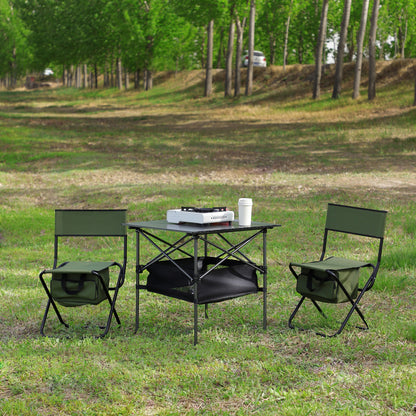 Set of 3 Outdoor Camping Fishing Hiking Dining Chairs and Table - Black+Green
