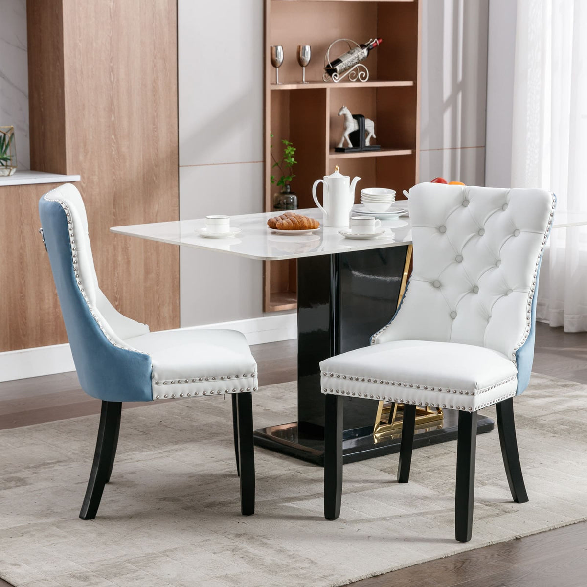 2 pcs High-End Tufted Modern Contemporary Leather Chair with Wooden Legs- Blue+White