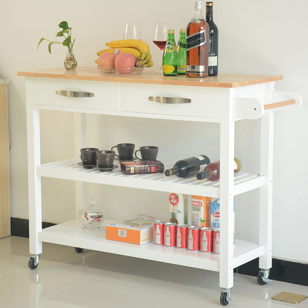 Rubber Wood Top Simple Design Mobile Kitchen Island with Two Lockable Wheels- White