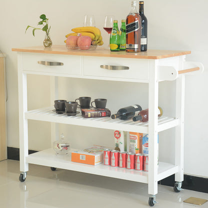 Rubber Wood Top Simple Design Mobile Kitchen Island with Two Lockable Wheels- White