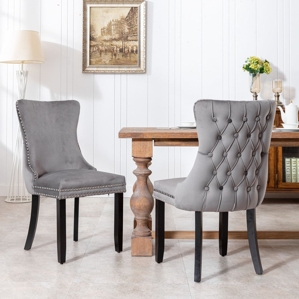 2 pcs High-End Wing Back Tufted Modern Contemporary Velvet Chair with Wooden Legs- Gray