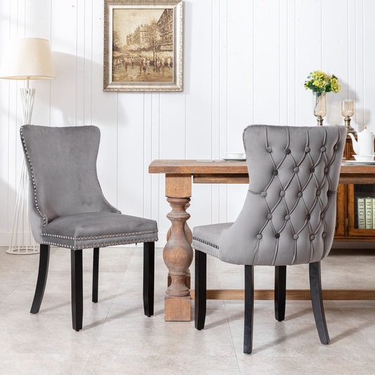 2 pcs High-End Wing Back Tufted Modern Contemporary Velvet Chair with Wooden Legs- Gray