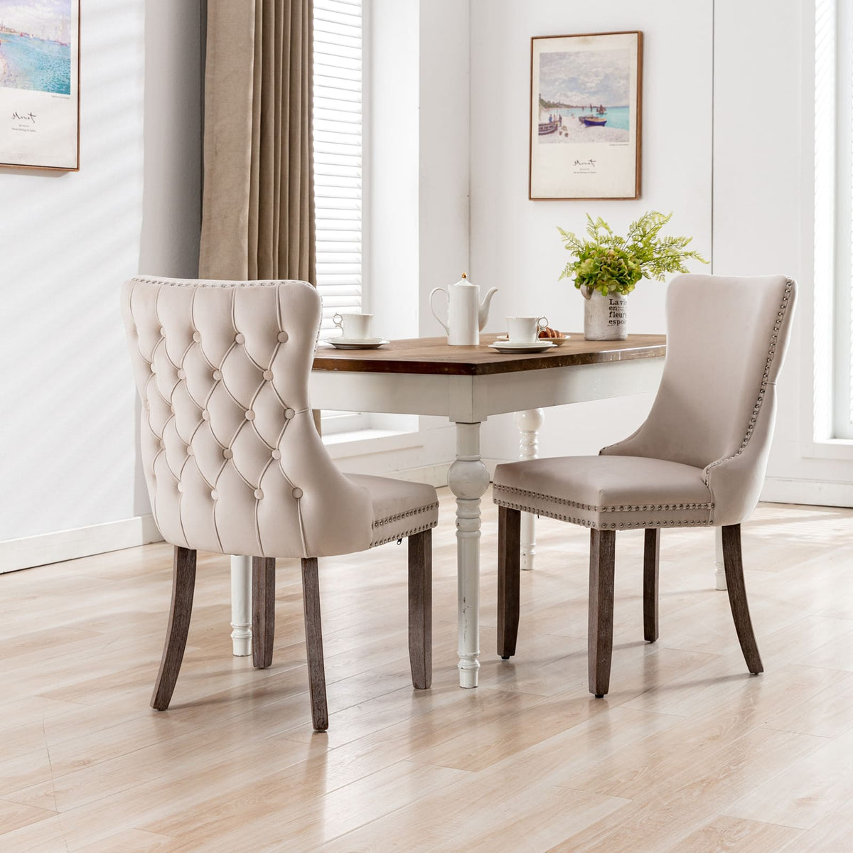 2 pcs High-End Wing Back Tufted Modern Contemporary Velvet Chair with Wooden Legs- Beige