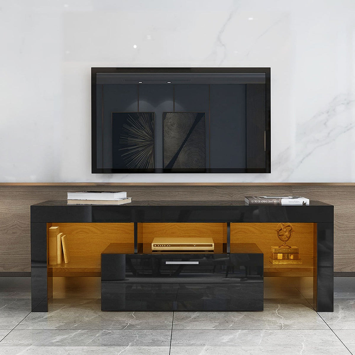 Modern TV Console Storage Media TV Organizing Cabinet Worktop- Black