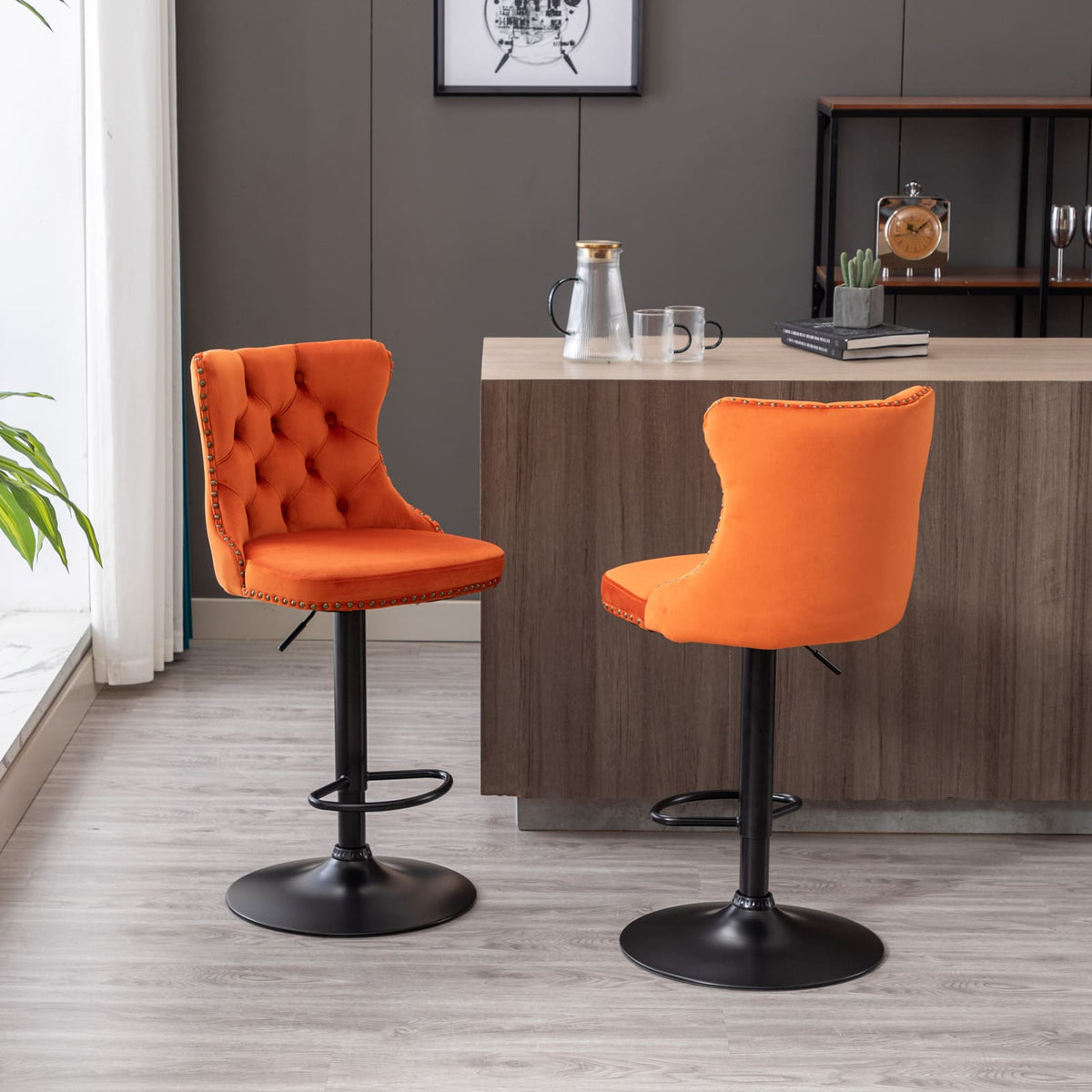 Set of 2 Modern Upholstered Tufted Velvet Armless Bar Stools with Back Rest- Orange