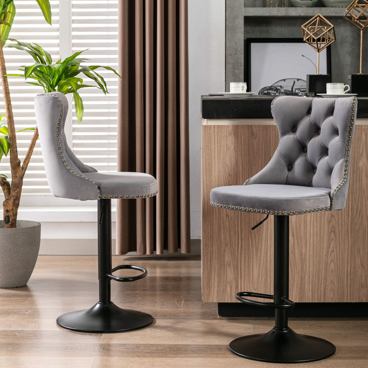 Set of 2 Modern Upholstered Tufted Velvet Armless Bar Stools with Back Rest- Grey