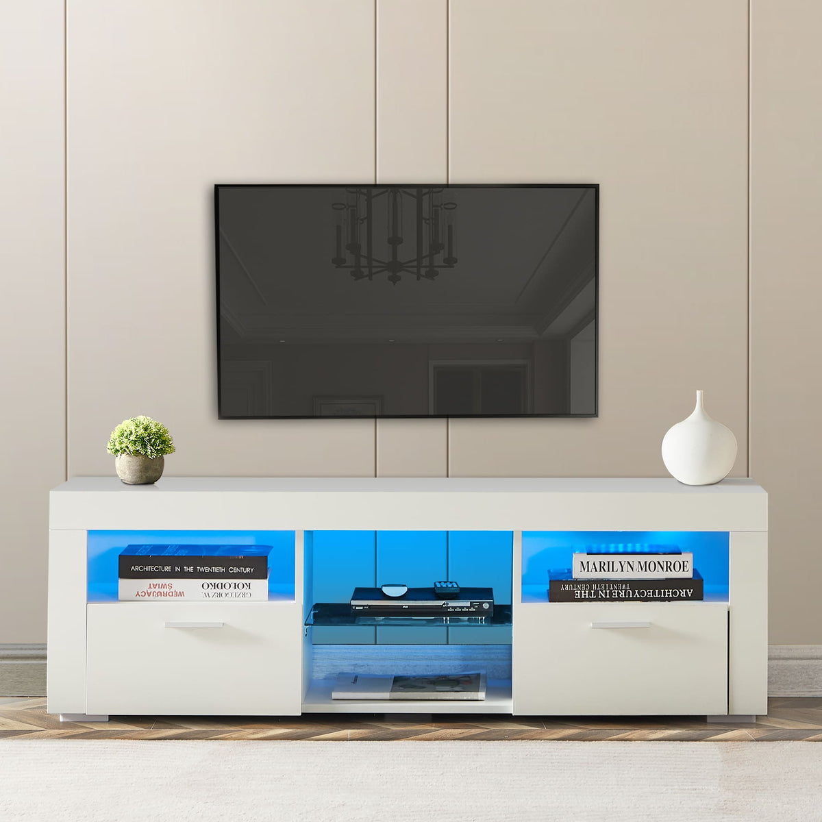 Modern TV Console Storage Media TV High Gloss Organizing Cabinet with LED Light- White