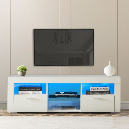 Modern TV Console Storage Media TV High Gloss Organizing Cabinet with LED Light- White