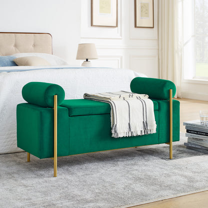 Elegant Upholstered Linen Storage Bench with Cylindrical Arms and Iron Legs- Green