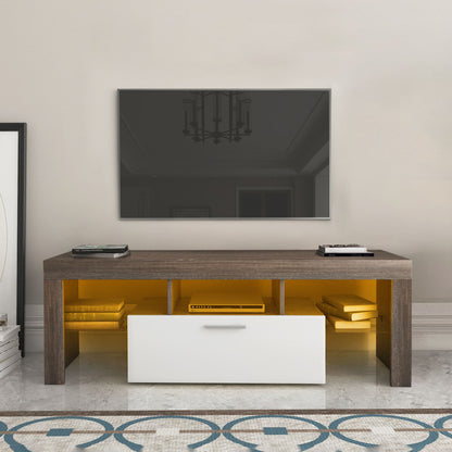 Easy and Quick Assembly Modern TV Stand with Toughened Glass Shelf- Brown+White
