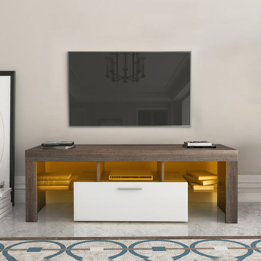 Easy and Quick Assembly Modern TV Stand with Toughened Glass Shelf- Brown+White