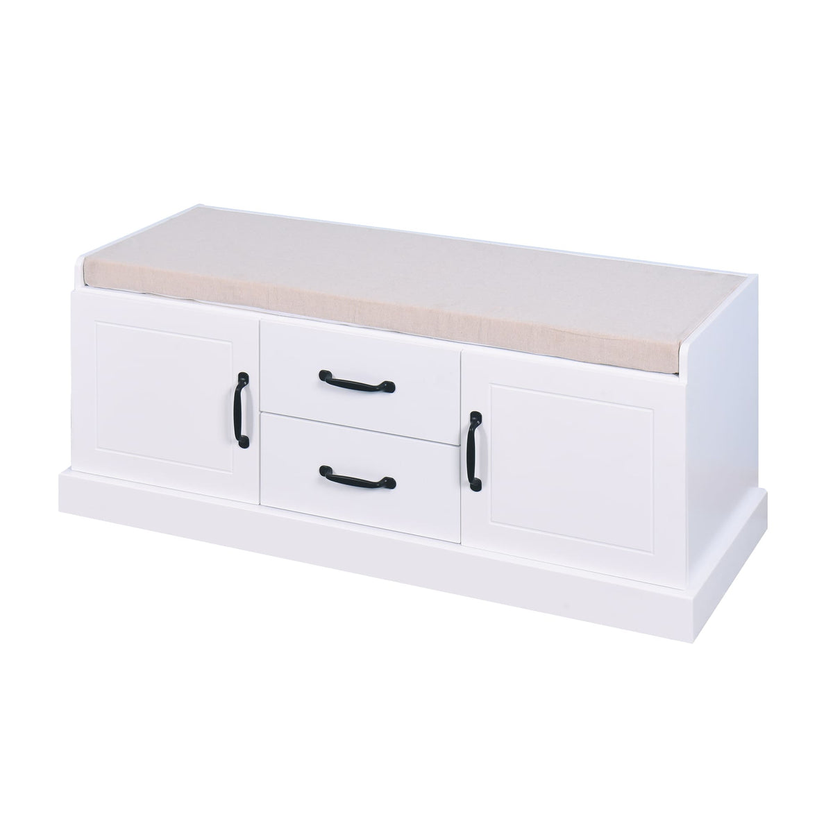 2 Doors 2 Cabinets Wooden Entryway Shoe Cabinet Storage Bench with White Cushion