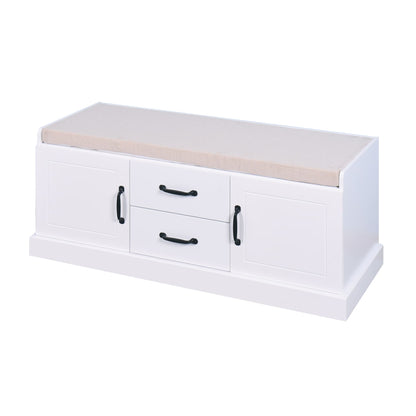 2 Doors 2 Cabinets Wooden Entryway Shoe Cabinet Storage Bench with White Cushion