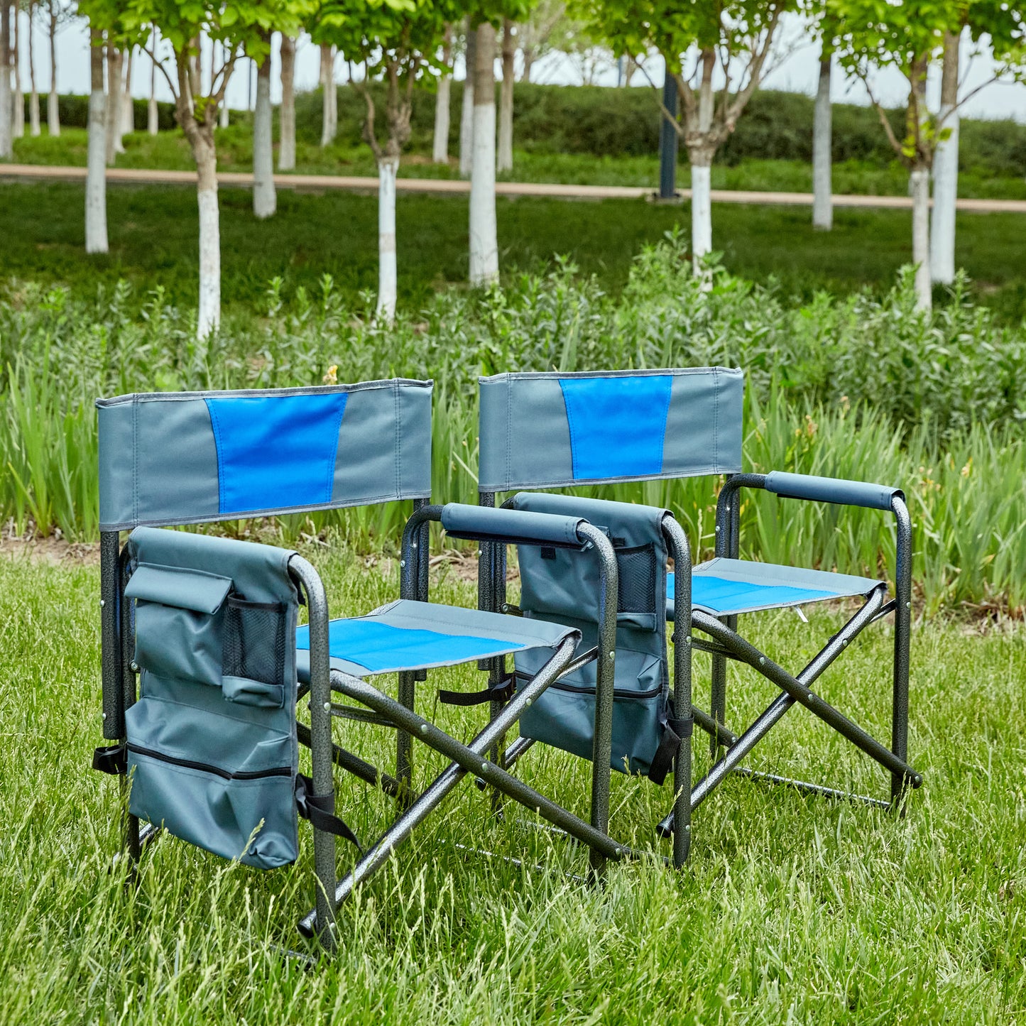 2pcs Padded Folding Outdoor Chair with Pockets Oversized Directors Chair- Blue+Grey