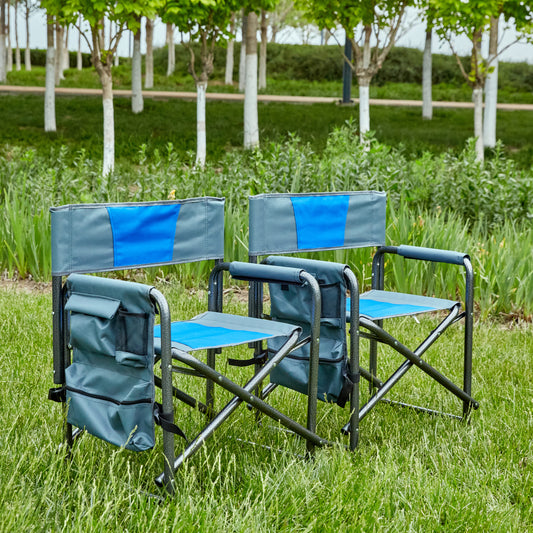 2pcs Padded Folding Outdoor Chair with Pockets Oversized Directors Chair- Blue+Grey