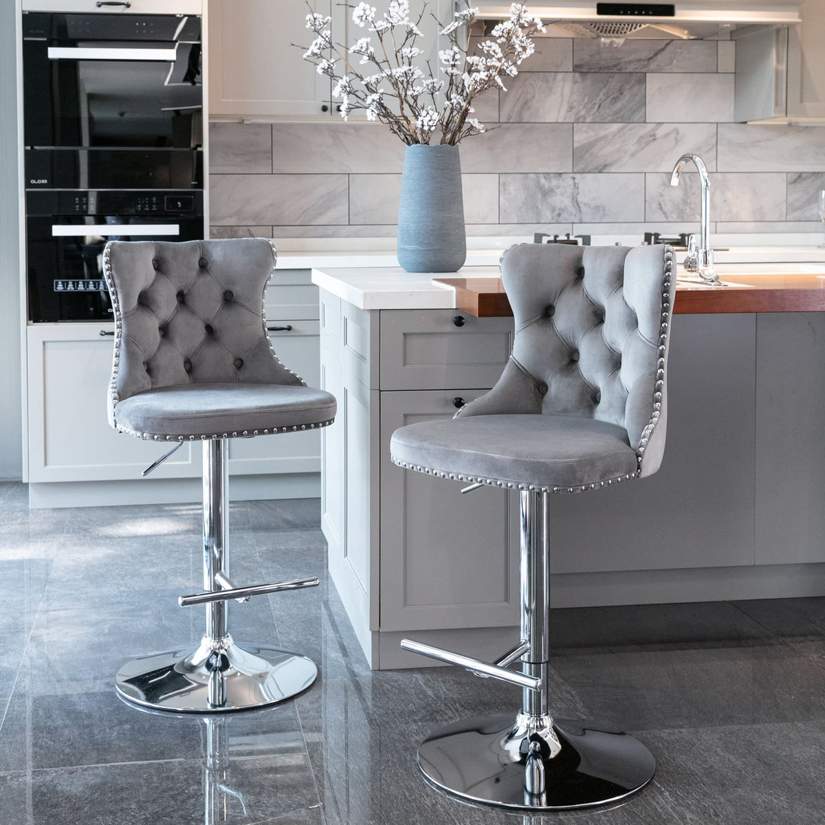 Set of 2 Modern Upholstered Tufted Velvet Armless Bar Stools with Chrome Details- Gray
