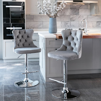 Set of 2 Modern Upholstered Tufted Velvet Armless Bar Stools with Chrome Details- Gray