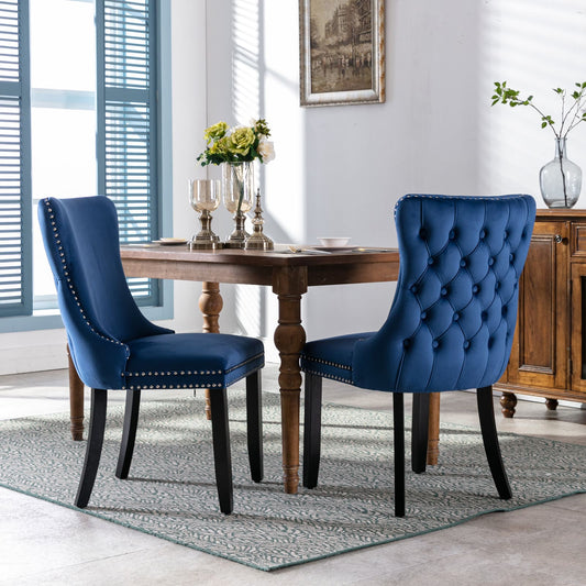 2 pcs High-End Wing Back Tufted Modern Contemporary Velvet Chair with Wooden Legs- Blue