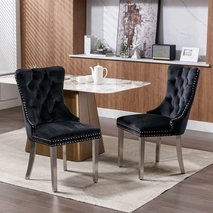 2 pcs High-End Tufted Contemporary Velvet Chair with Chrome Detail and Metal Legs- Black