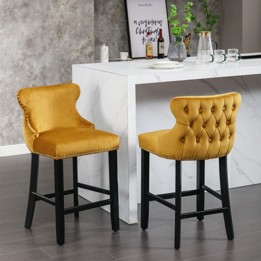 2pcs Chrome Accent Wingback Bar Stools Tufted Velvet with Nailhead and Black Legs- Gold