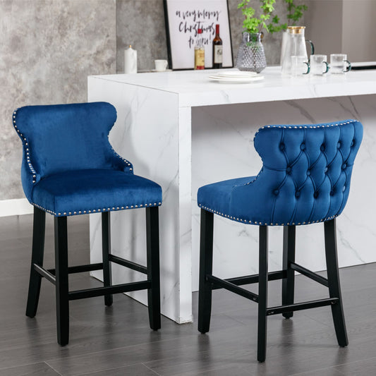 2pcs Chrome Accent Wingback Bar Stools Tufted Velvet with Nailhead and Black Legs- Blue