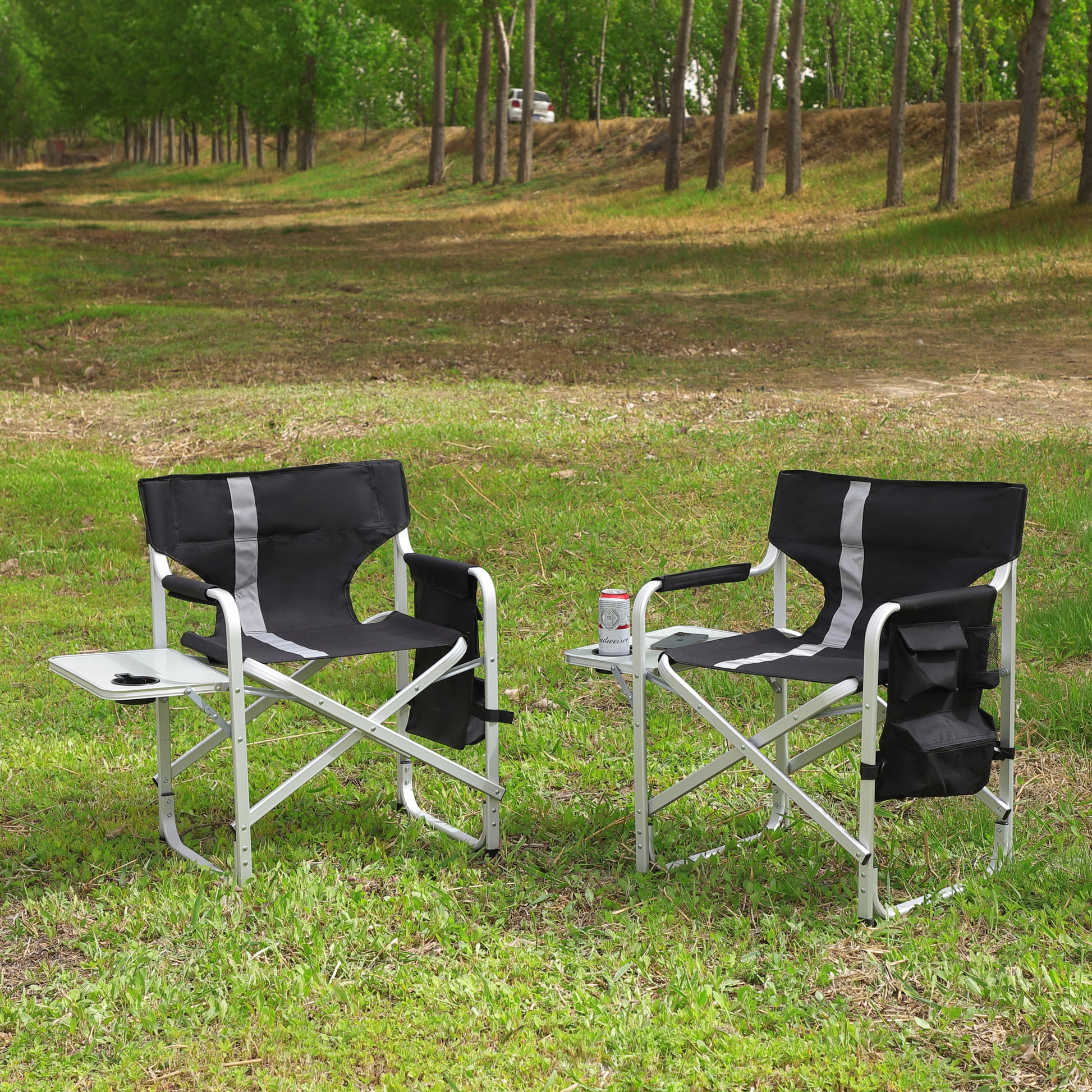 2pcs Padded Folding Outdoor Chair with Pockets Oversized Directors Chair- Black+Grey