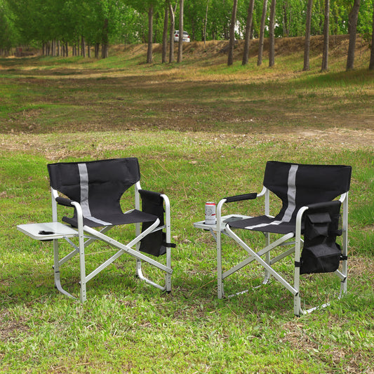 2pcs Padded Folding Outdoor Chair with Pockets Oversized Directors Chair- Black+Grey