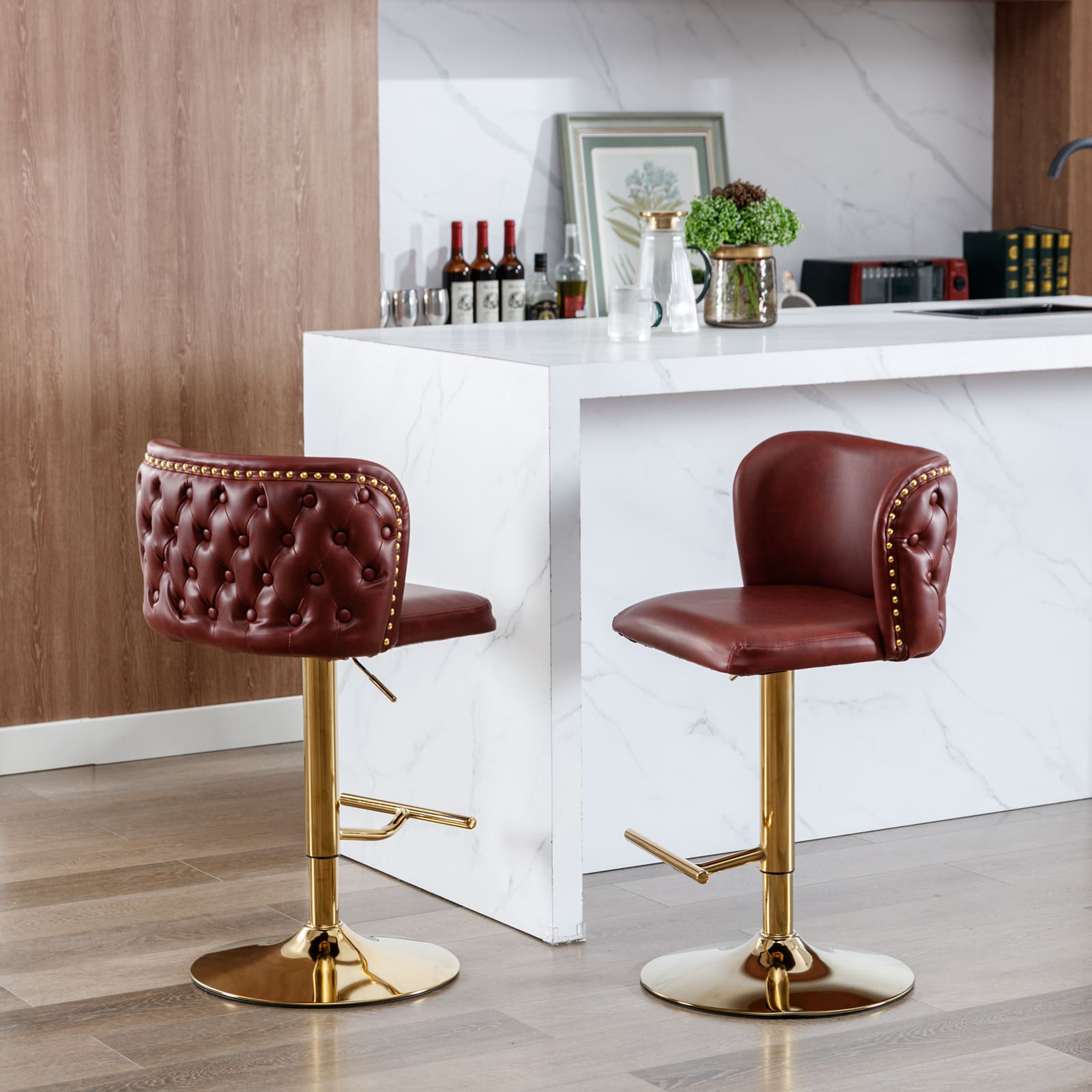 Set of 2 Gold Details Upholstered Whole Back Tufted PU Armless Bar Stools- Burgundy