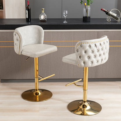 Set of 2 Gold Details Upholstered Whole Back Tufted PU Armless Bar Stools- Beige