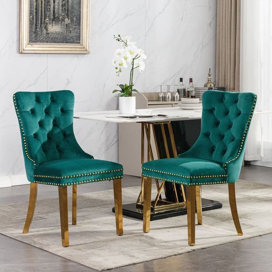 2 pcs High-End Tufted Contemporary Velvet Chair with Stainless Golden Legs- Green