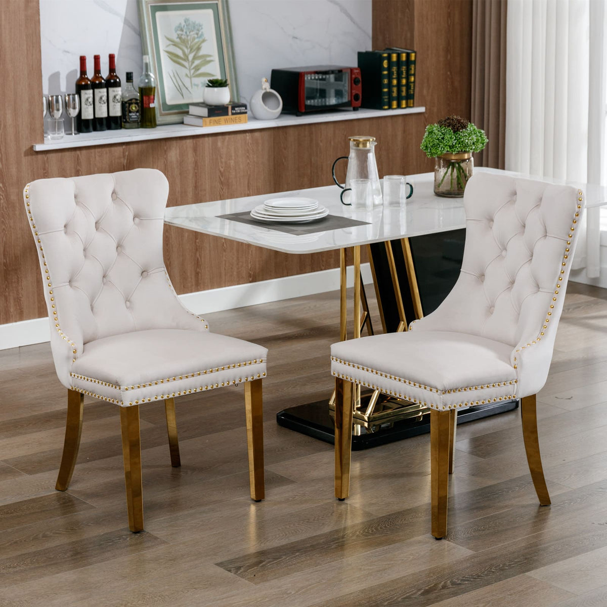 2 pcs High-End Tufted Contemporary Velvet Chair with Stainless Golden Legs- Beige
