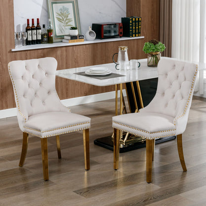 2 pcs High-End Tufted Contemporary Velvet Chair with Stainless Golden Legs- Beige