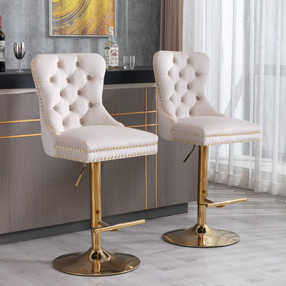 Set of 2 Height Adjustable Upholstered Tufted Velvet Armless Bar Stools with Gold Details- Beige