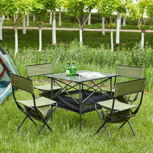 Set of 5 Outdoor Camping Foldable Chair and Roll up Portable Table- Black+Green
