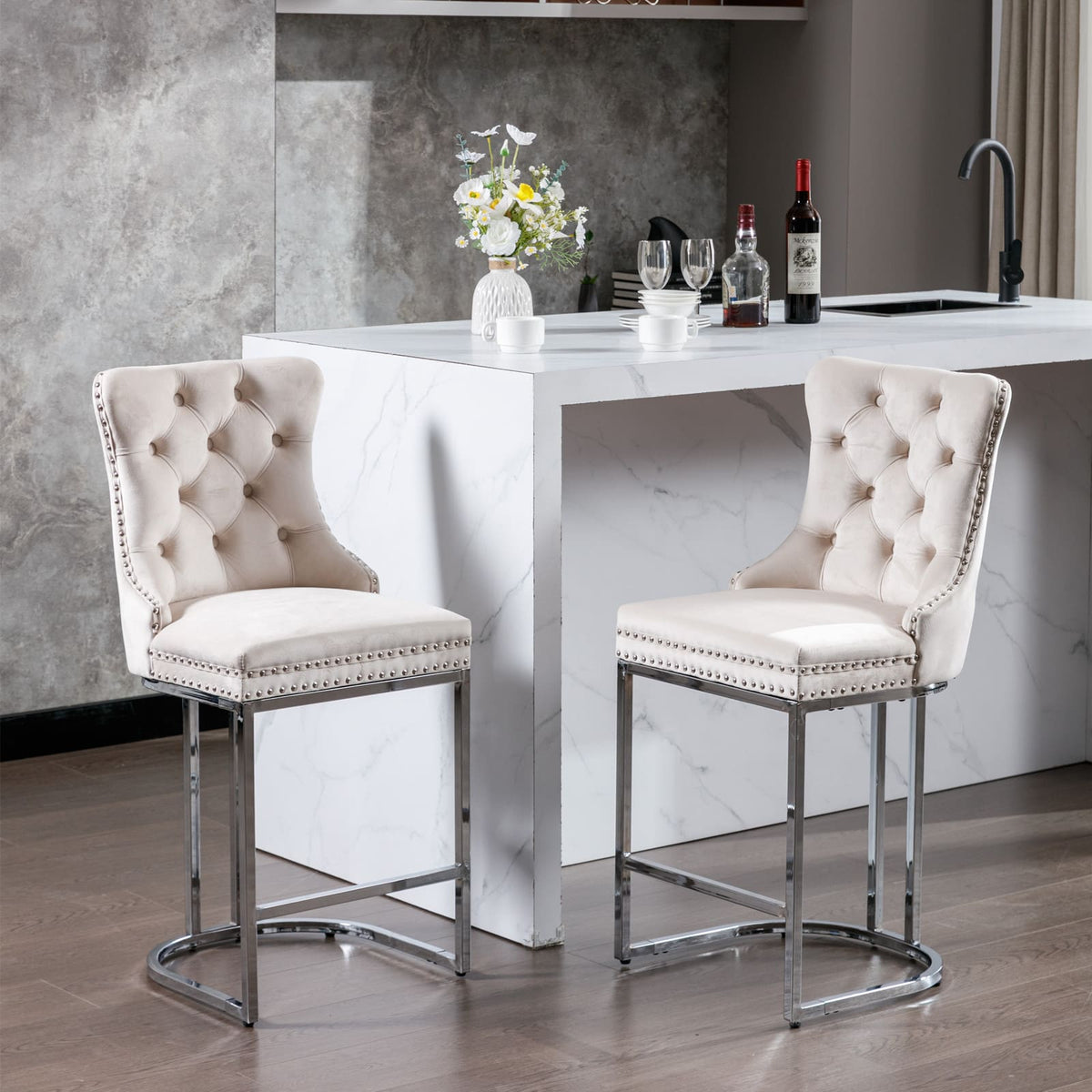 Set of 2 Upholstered Tufted Velvet Armless Bar Stools with Chrome Base Legs- Beige