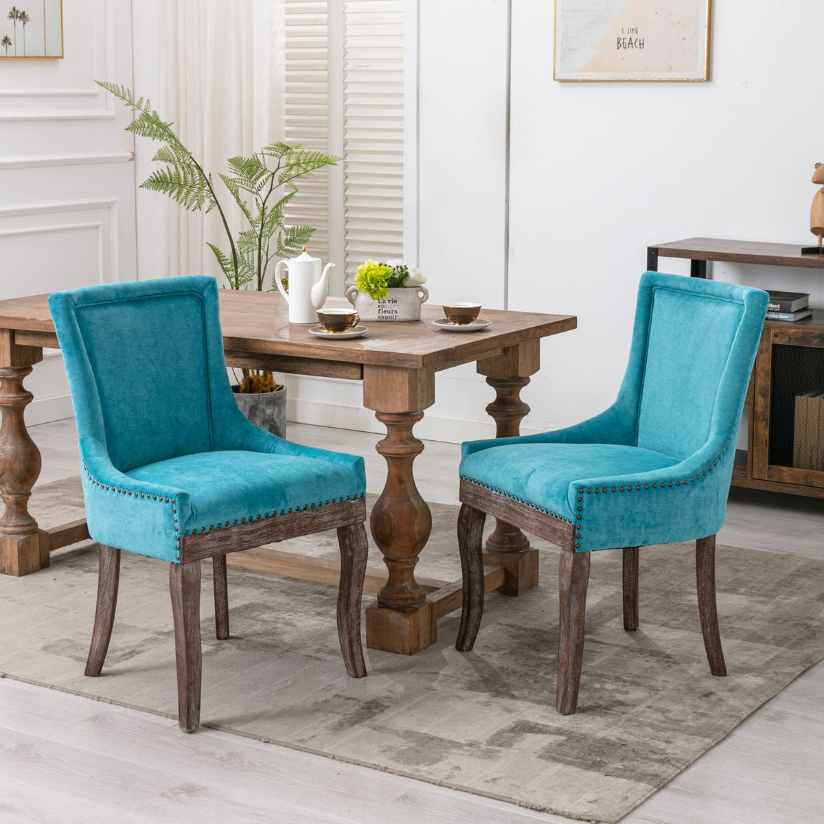 Mid-Century Modern Dining Accent Chair Set of 2 with Nailhead Trim- Blue