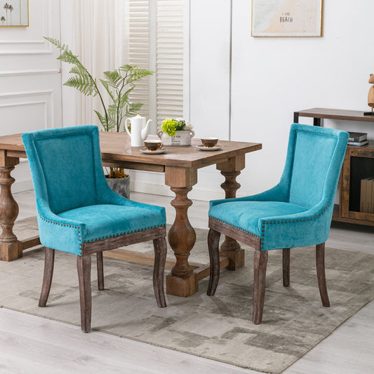 Mid-Century Modern Dining Accent Chair Set of 2 with Nailhead Trim- Blue