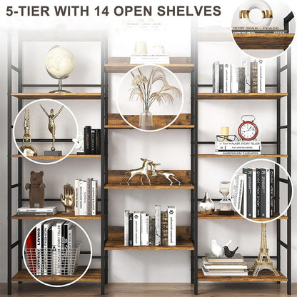 Triple Wide 5-Tier Industrial Bookshelf - Rustic Brown