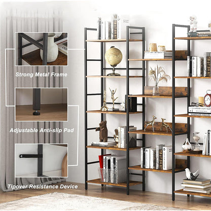 Triple Wide 5-Tier Industrial Bookshelf - Rustic Brown
