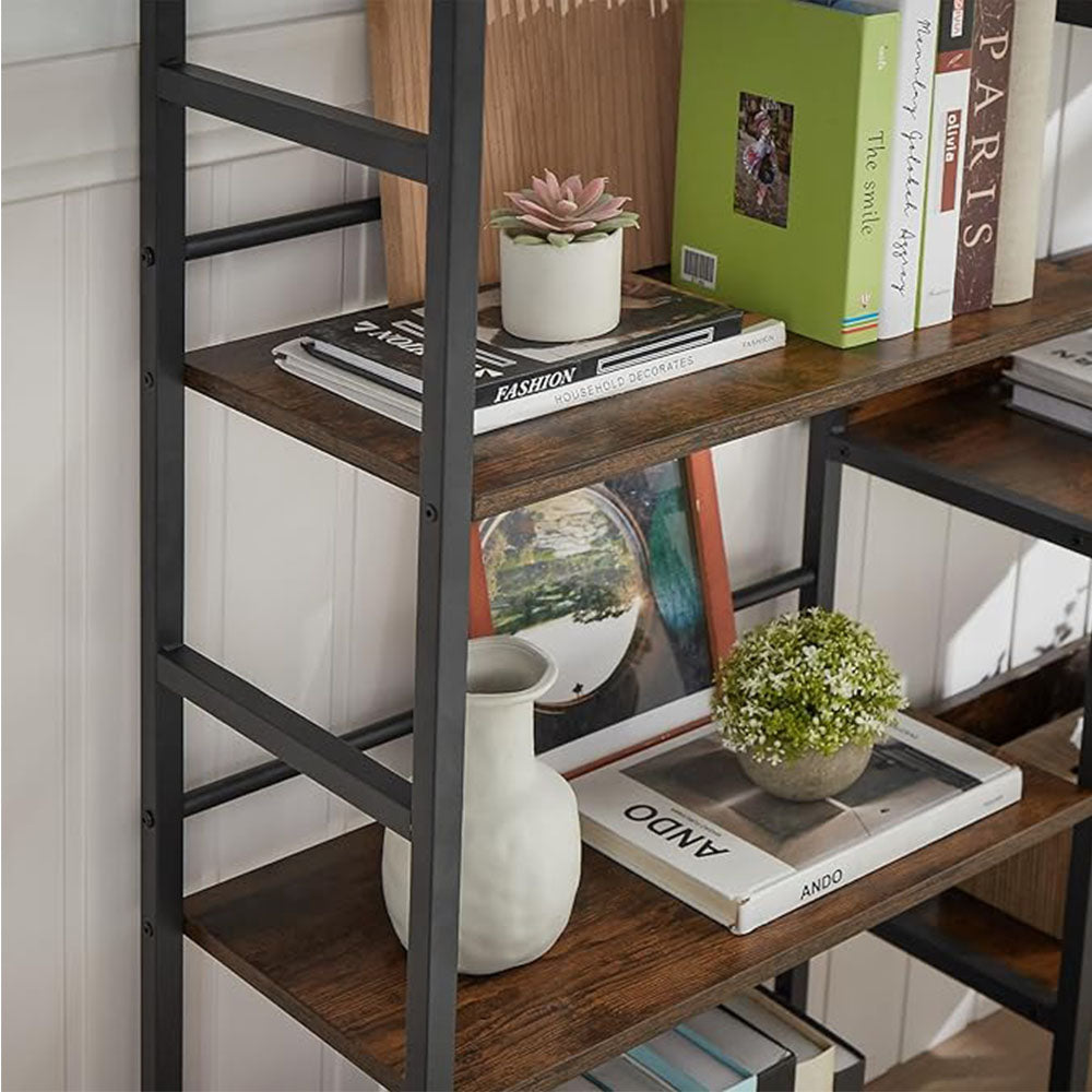 Triple Wide 5-Tier Industrial Bookshelf - Rustic Brown
