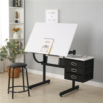 Adjustable Drafting Table with Stool & 3 Drawers - White