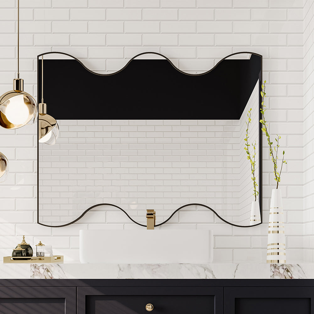 30x35" Black Rectangular Mirror with Wavy Sides - Metal Frame